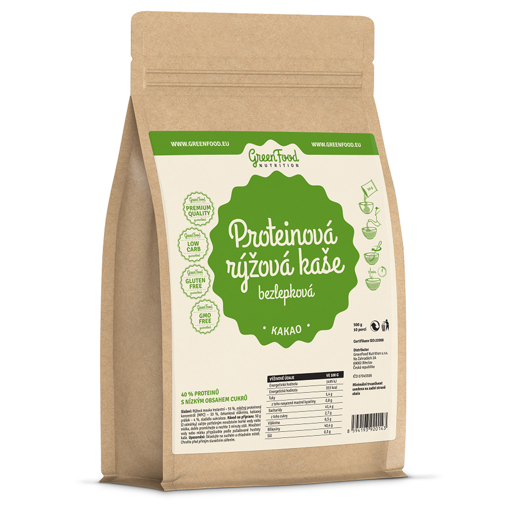 GreenFood Nutrition Proteinová rýžová bezlepková kaše Kakao 500 Gramů