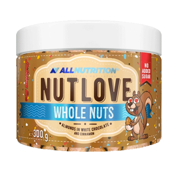 EXP. 28/2/2023 Allnutrition Nutlove Whole nuts 300g - mandle v bílé čokoládě se skořicí