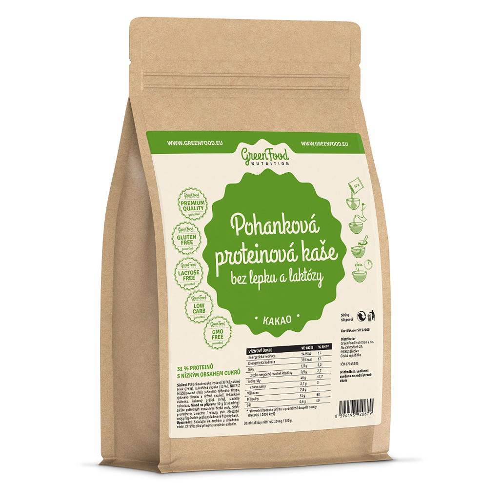 GreenFood Nutrition Pohanková proteinová kaše bez lepku a laktózy Kakao 500 Gramů