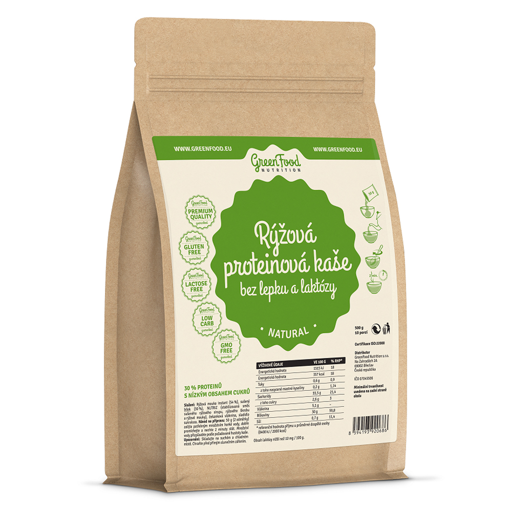 GreenFood Nutrition Rýžová proteinová kaše bez lepku a laktózy Kakao 500 Gramů